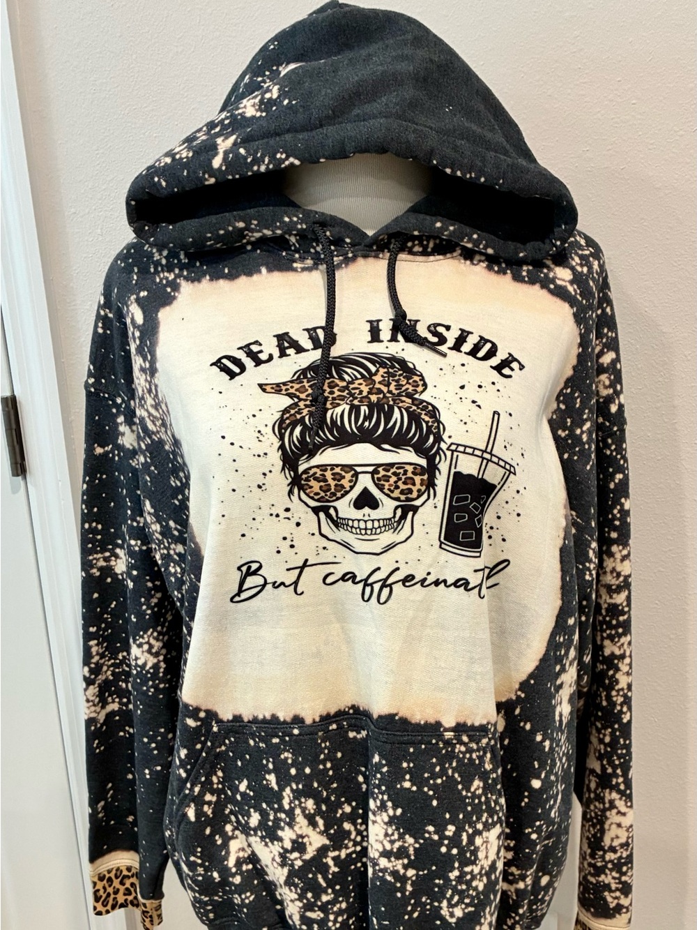 Handmade Dead Inside But Caffeinated Skull Leopard Bleach Dyed Hoodie L